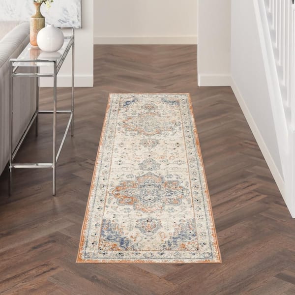 Essentials Persian Beige Blue 2 ft. x 14 ft. Center medallion Traditional Runner Area Rug