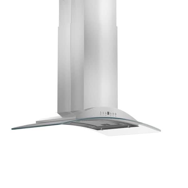 ZLINE Kitchen and Bath 30 in. 400 CFM Convertible Island Mount Range Hood with 2 LED Lights in Stainless Steel with Curved Glass