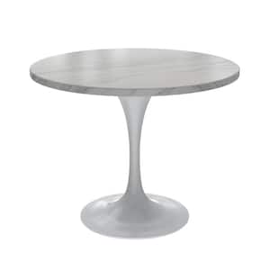 Verve Modern Dining Table with a 36 Round Sintered Stone Tabletop and White Steel Pedestal Base, White