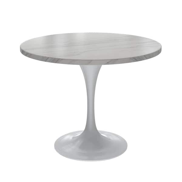 Leisuremod Verve Modern Dining Table with a 36 Round Sintered Stone Tabletop and White Steel Pedestal Base, White