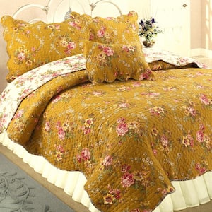 Vintage Floral Blooms Chintz 3-Piece Mustard Yellow Pink Camellia Garden Cotton King Quilt Bedding Set