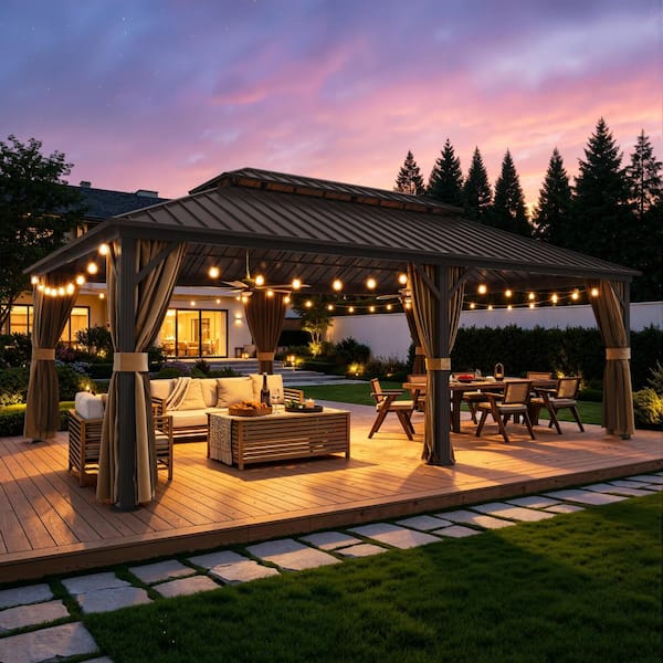 14 ft. x 22 ft.Outdoor Aluminum Hardtop Gazebo with Double Galvanized Steel Roof, Curtains and Mosquito Netting