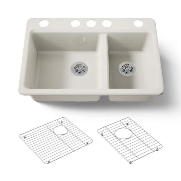 Riverby 33 in. Undermount 60/40 Double Bowl Biscuit Cast Iron Kitchen Sink with Basin Rack