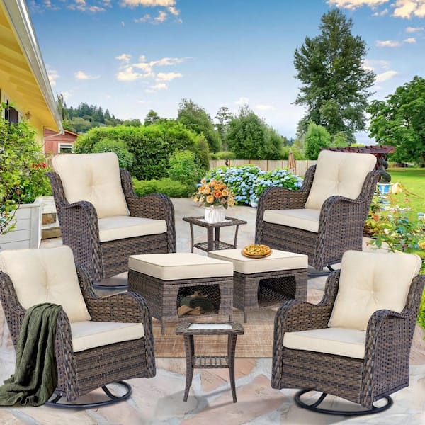 kuurfuurdo Brown 8-Piece Wicker Patio Conversation Set Swivel Rocking Chairs Patio Ottomans with Beige Cushions