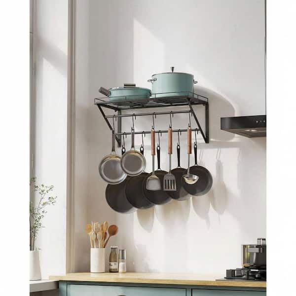 Black 23 Inch Wall Mounted Pot Rack Storage Shelf with 2-Tier Hanging Rails and 12 S Hooks for Pans and Cookware