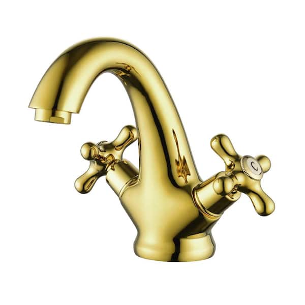 Mondawe Antique Double Handle Single Hole Low Arc Bathroom Faucet with Cross Handles in Polished Gold