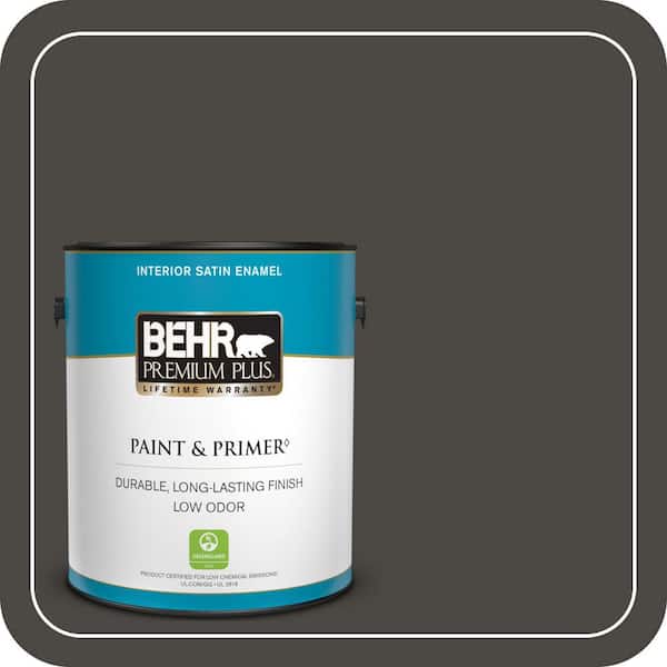 BEHR PREMIUM PLUS 1 gal. #PPU24-01 Black Mocha Satin Enamel Low Odor Interior Paint & Primer