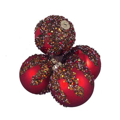 3.25 in. 80 mm Red Glitter Sequin Beaded Shatterproof Christmas Ball Ornaments (4-Count)