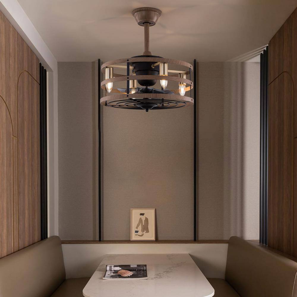 18-Inch Light Brown Caged Ceiling Fan with Remote and Lighting