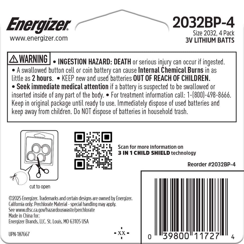 Energizer 2032 3V Lithium Coin Batteries with Child Shield, 4 Pack