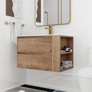 29.7 in. W x 18.10 in. D x 19.40 in. H Single Sink Wall Mount Bath Vanity in Imitative Oak with White Resin Top