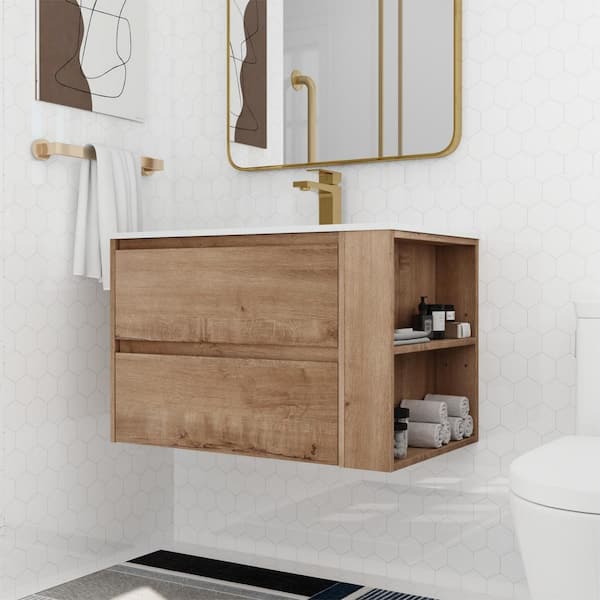 UPIKER 29.7 in. W x 18.10 in. D x 19.40 in. H Single Sink Wall Mount Bath Vanity in Imitative Oak with White Ceramic Top