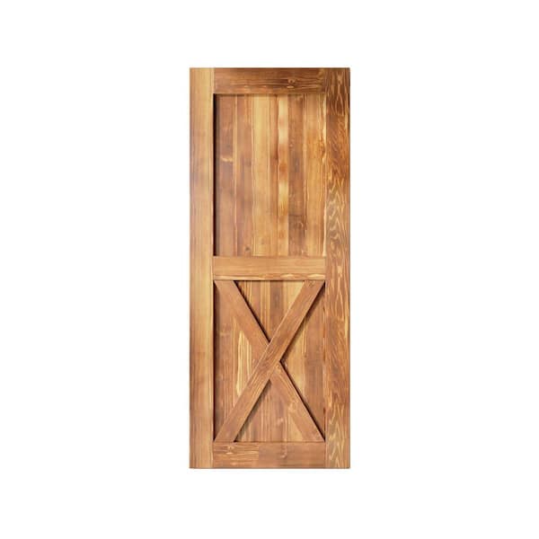 HOMACER 32 in. x 84 in. X-Frame Early American Solid Natural Pine Wood Panel Interior Sliding Barn Door Slab with Frame