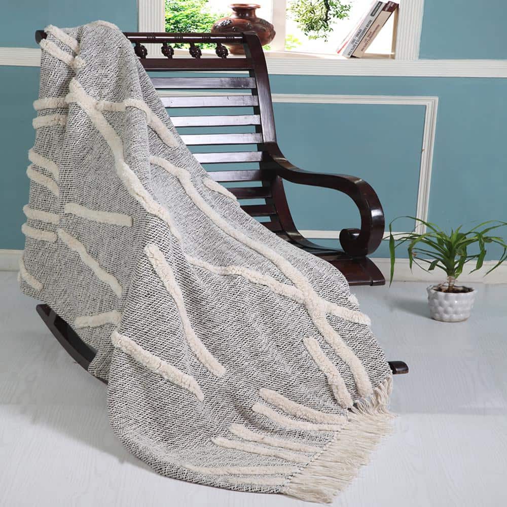 Gray & White 60" x 50" Cotton Knitted Reversible Throw Blanket