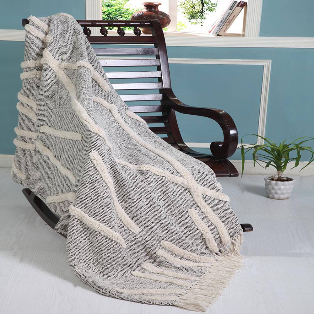 Gray & White 60" x 50" Cotton Knitted Reversible Throw Blanket