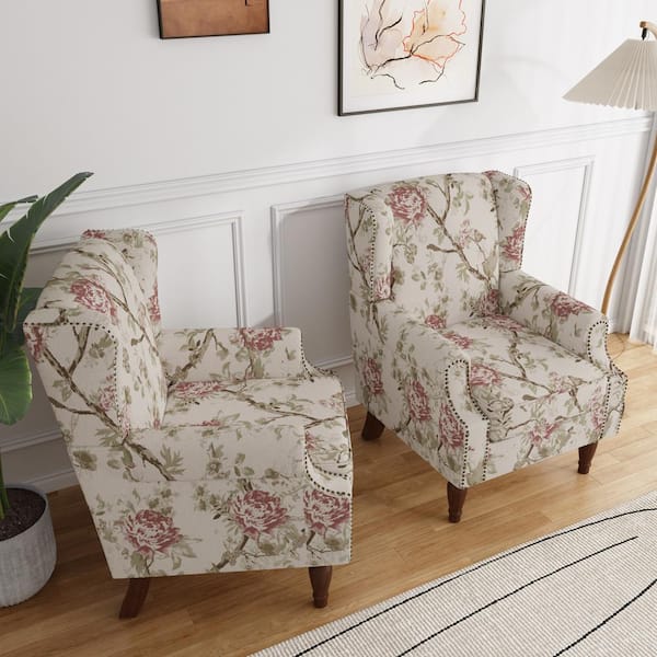 Uixe Beige and Pink Floral Pattern Linen Upholstered High Back