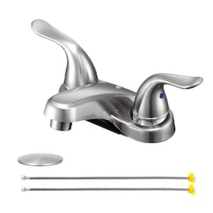 Quality 4 in. Centerset Double Handle Low Arc Bathroom Faucet with Pop-up Drain Kit Included in Brushed Nickel