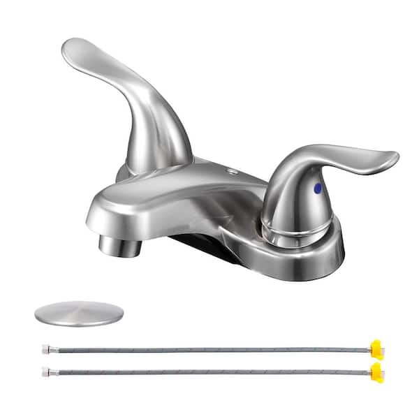Lukvuzo Quality 4 in. Centerset Double Handle Low Arc Bathroom Faucet with Pop-up Drain Kit Included in Brushed Nickel