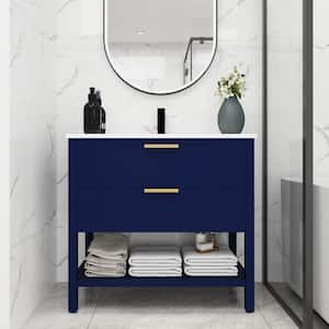 Victoria 36 in. W x 18 in. D x 34 in. H Freestanding Single Sink Bath Vanity in Blue with White Acrylic and Cabinet Top