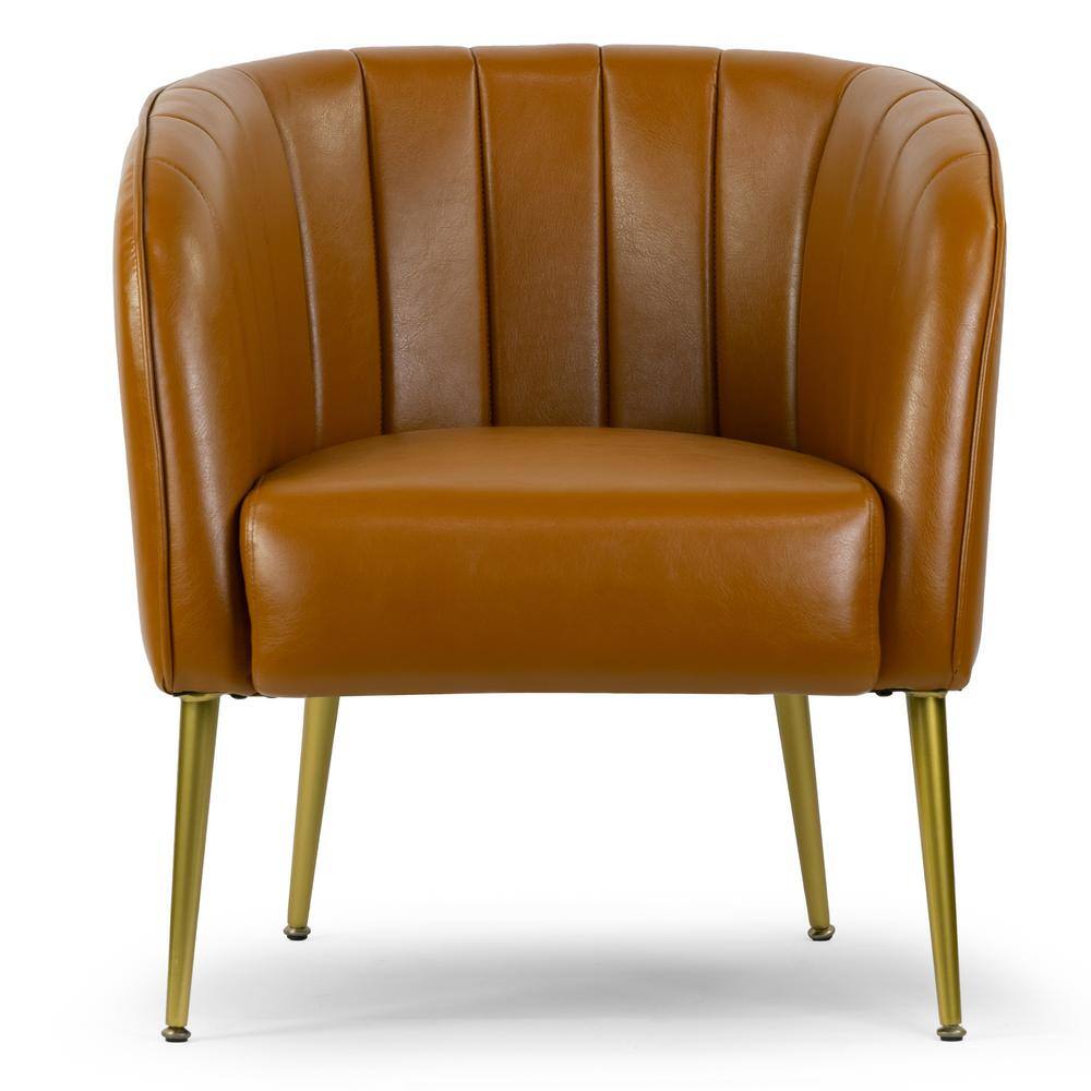 Cappuccino Faux Leather Barrel Accent Chair with Gold Metal Legs