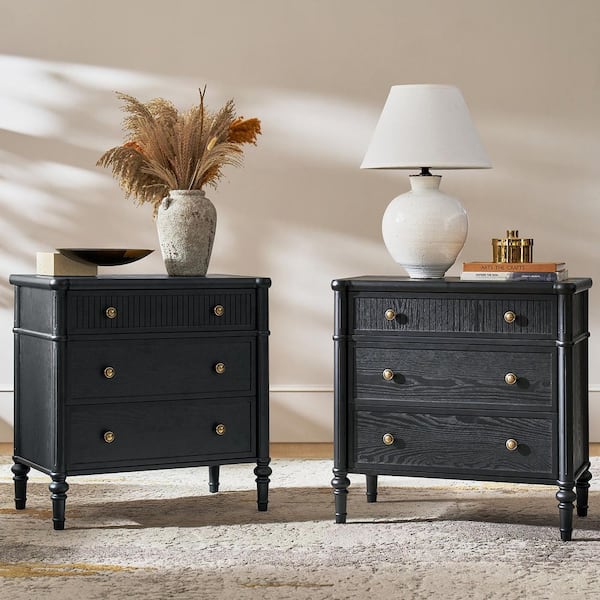 Roland Black 3-Drawer 28 in. W Nightstand Set of 2 with Built-In Charging Station