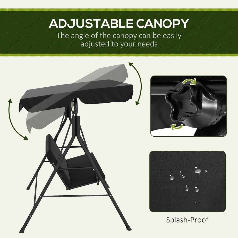 Black Steel Frame 3-Person Outdoor Patio Swing with Adjustable Canopy