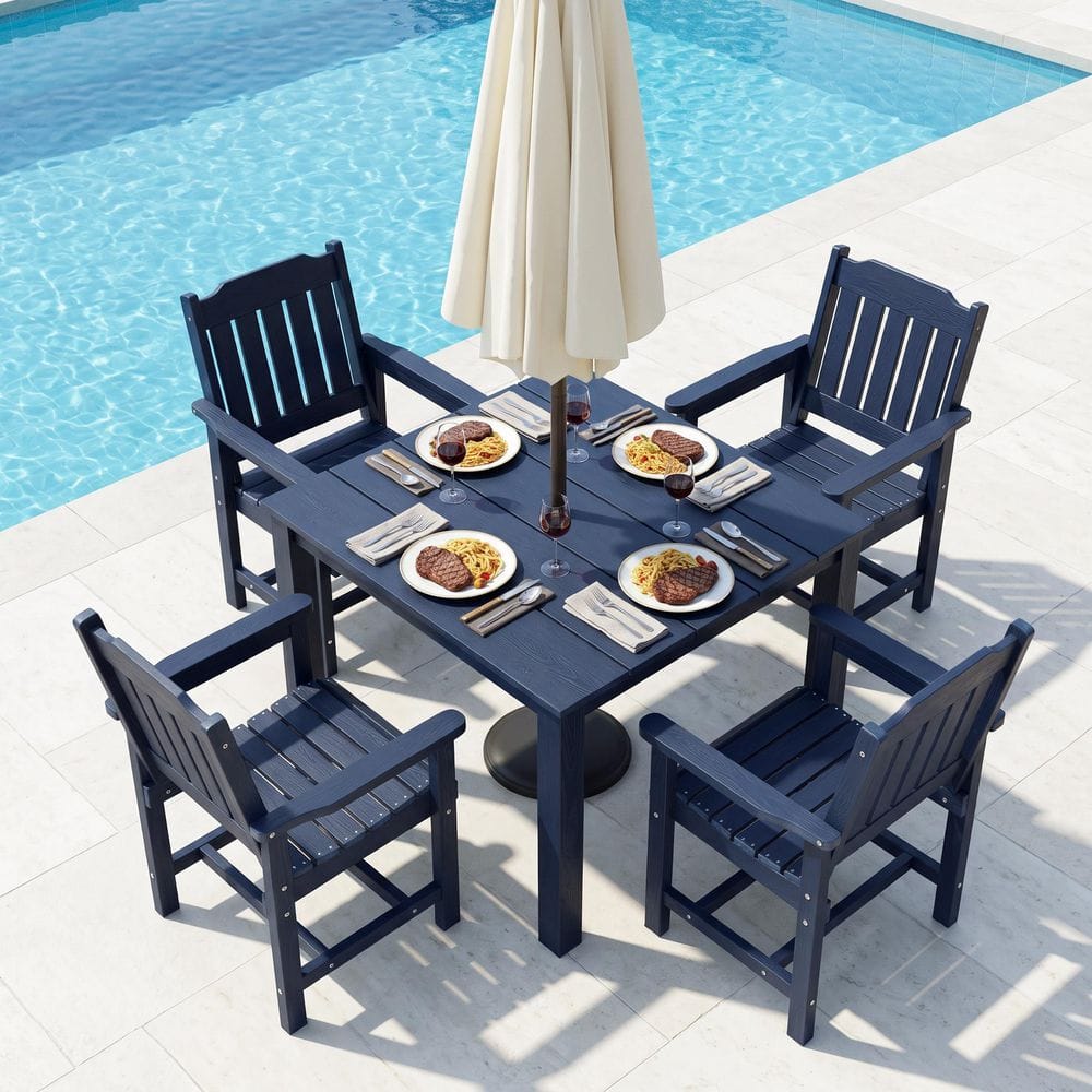 5-Piece Poly Lumber Patio Dining Set, HIPS Outdoor Table with Umbrella Hole and 4 Slat Back Chairs, Navy Blue price history on PriceWatchPro