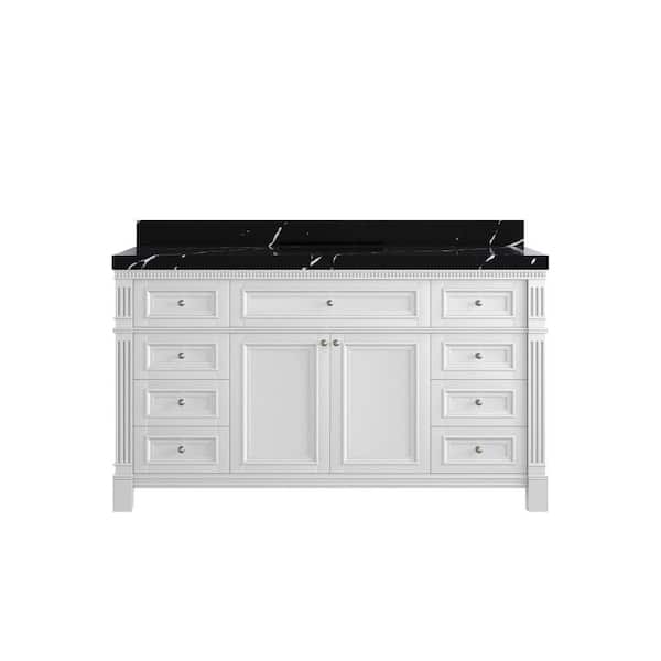 Willow Collections Paris 60 in. Single Sink Freestanding White Bath Vanity with Calacatta Black Qz. Top