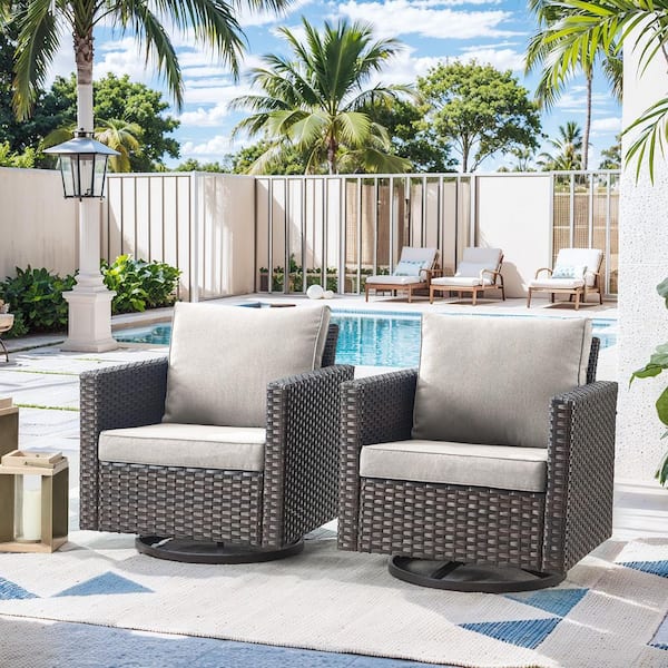 U-Frame Brown Swivel Glider Wicker Outdoor Rocking Chair with Beige Cushions (2-Pack)