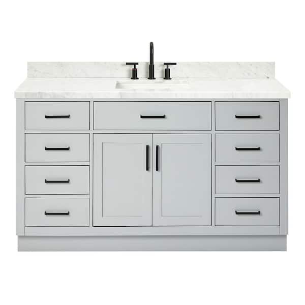Hepburn 60 in. Single Sink Freestanding Bathroom Vanity in Gray with Carrara White Marble Top