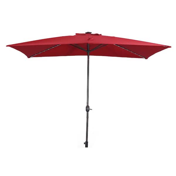 Unbranded 10 ft. x 7 ft. Outdoor Market Patio Umbrella Flip Umbrella with Crank and LED Light in Red