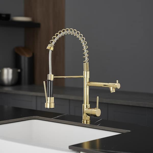 Single Hole Single Handle Pull Down Sprayer Kitchen Faucet, Modern Kitchen Sink Faucet in Polished Gold