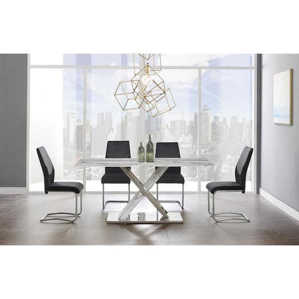 HomeRoots White Silver Faux Marble 35.5 in Pedestal Dining Table Seats 6