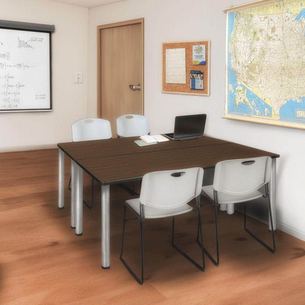 Kee 72 in x 24 in. Neo Walnut Top Training Table Desk, Chrome Legs and 2 Zeng Chairs-Grey