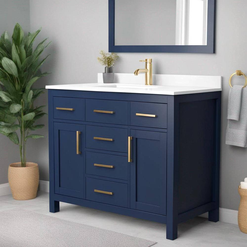 Beckett 42" Dark Blue Freestanding Single Vanity with White Marble Top