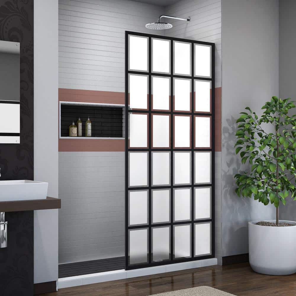 French Linea 34" Black Frameless Frosted Glass Shower Door