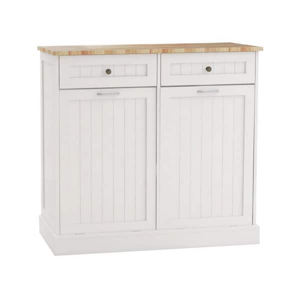 Kitchen Trash Cabinet, 2-Drawers and Two-Compartment Tilt-Out Trash Cabinet -White