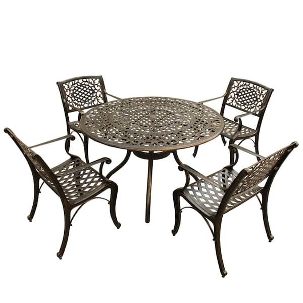 Unbranded Ornate Traditional 5-Piece Bronze Aluminum Outdoor Dining Set with 4-Chairs