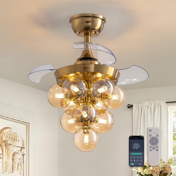 FANNEHONNE 24 in. 9-Light Brass Modern Ceiling Fan with Light Kit and Remote Control Indoor Glass Bubbles Ceiling Fan Fandelier