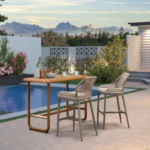 Modern Light Grey 3-Piece Aluminum Rectangle Table Counter Height Wicker Bar Outdoor Bistro Set with Cushions