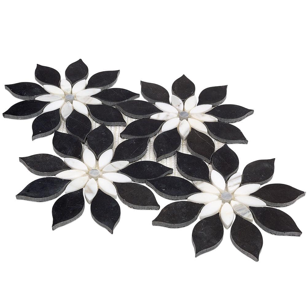 Thistle Black and White Polished Marble Mosaic Tile Sheet