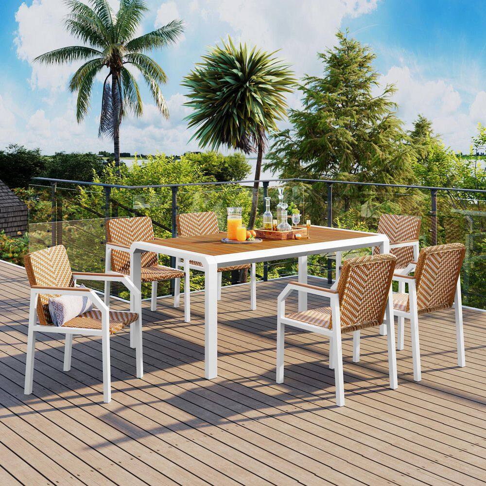 7-Piece Wicker Outdoor Patio Dining Table and Chairs Set, Acacia Wood Table