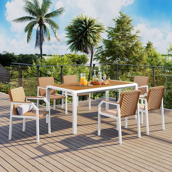 Unbranded 7-Piece Wicker Outdoor Patio Dining Table and Chairs Set, Acacia Wood Tabletop, Two-Tone Weave, with 6 Chairs, Brown