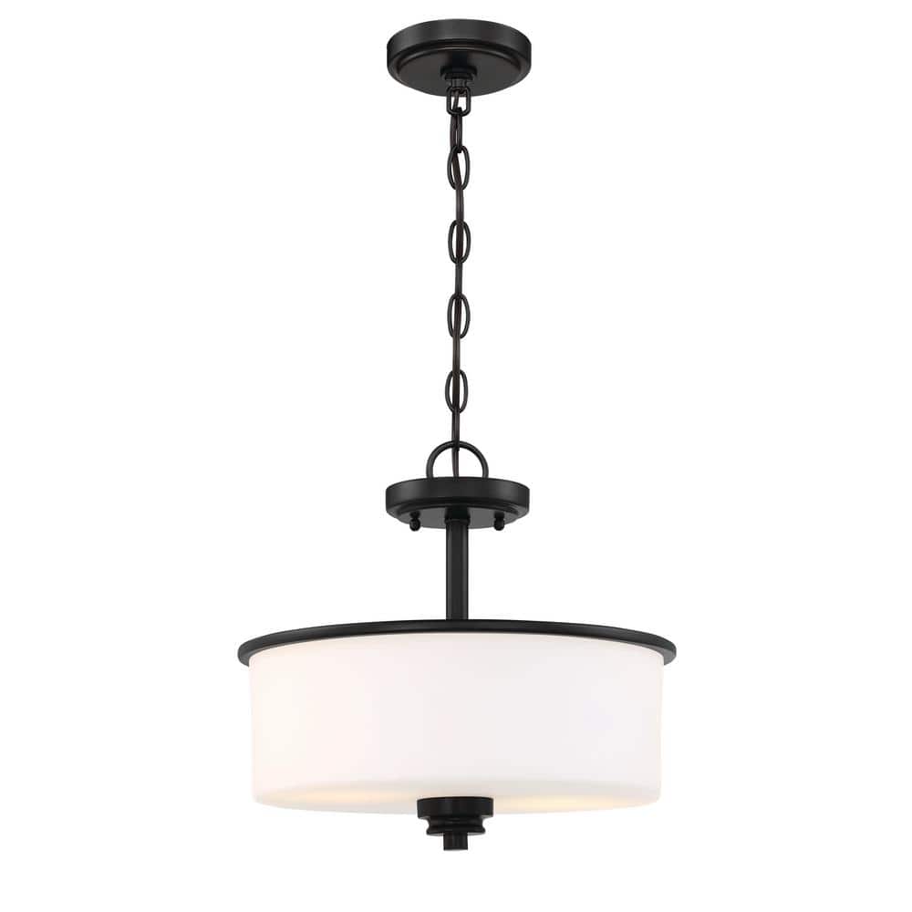 Flat Black and Glass Drum Chandelier with Polished Nickel Finish