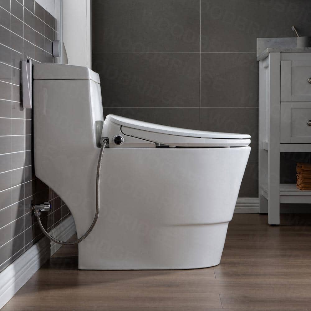 White Porcelain One-Piece Elongated Dual Flush Toilet with Smart Bidet Seat