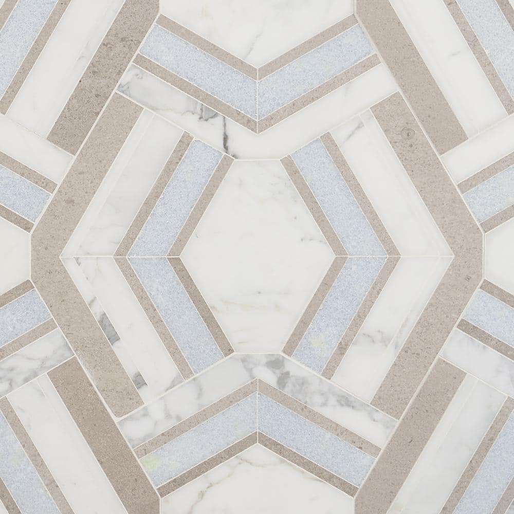 Cream and Blue Geometric Polished Marble Mosaic Tile 11x18
