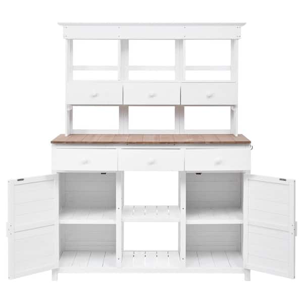 Zeus & Ruta 65.7 in. White Fir Wood Garden Potting Bench Table with 3-Shelves, 6-Drawers, 2-Bottom Cabinets
