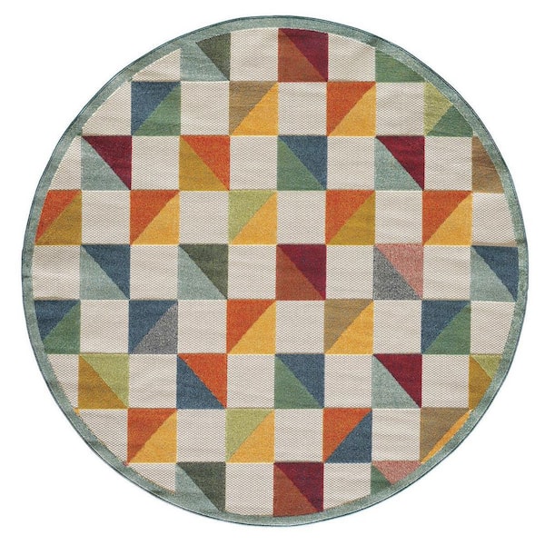Orange, Ivory 8 ft. Round Woven Polypropylene Round Indoor/Outdoor Area Rug