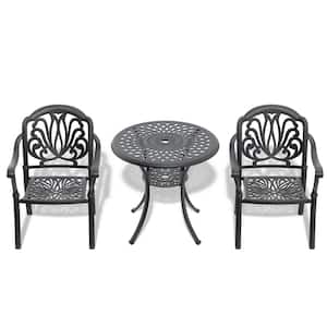 Black 3-Piece Cast Aluminum Round Table 28.35 in. Outdoor Dining Set with Seat Cushions in Random Color