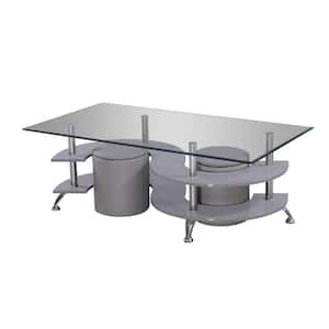 Jimmy 51" Gray Rectangle Glass Coffee Table with 2 Stools.